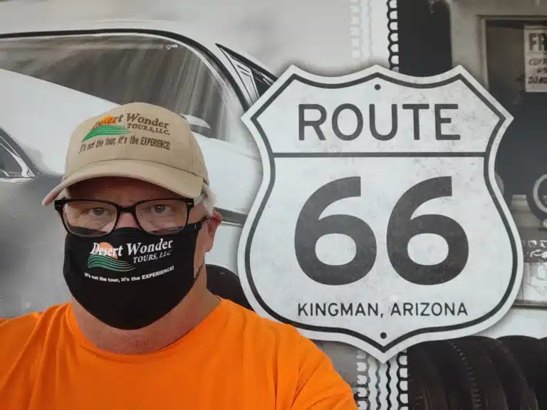 desert wonder tours during covid; the owner, Robert Walton, wears a mask with company branding